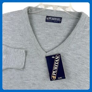 Vintage Puritan Earl V-Neck Sweater Men Large Gray Acrylic Preppy USA NOS 80s